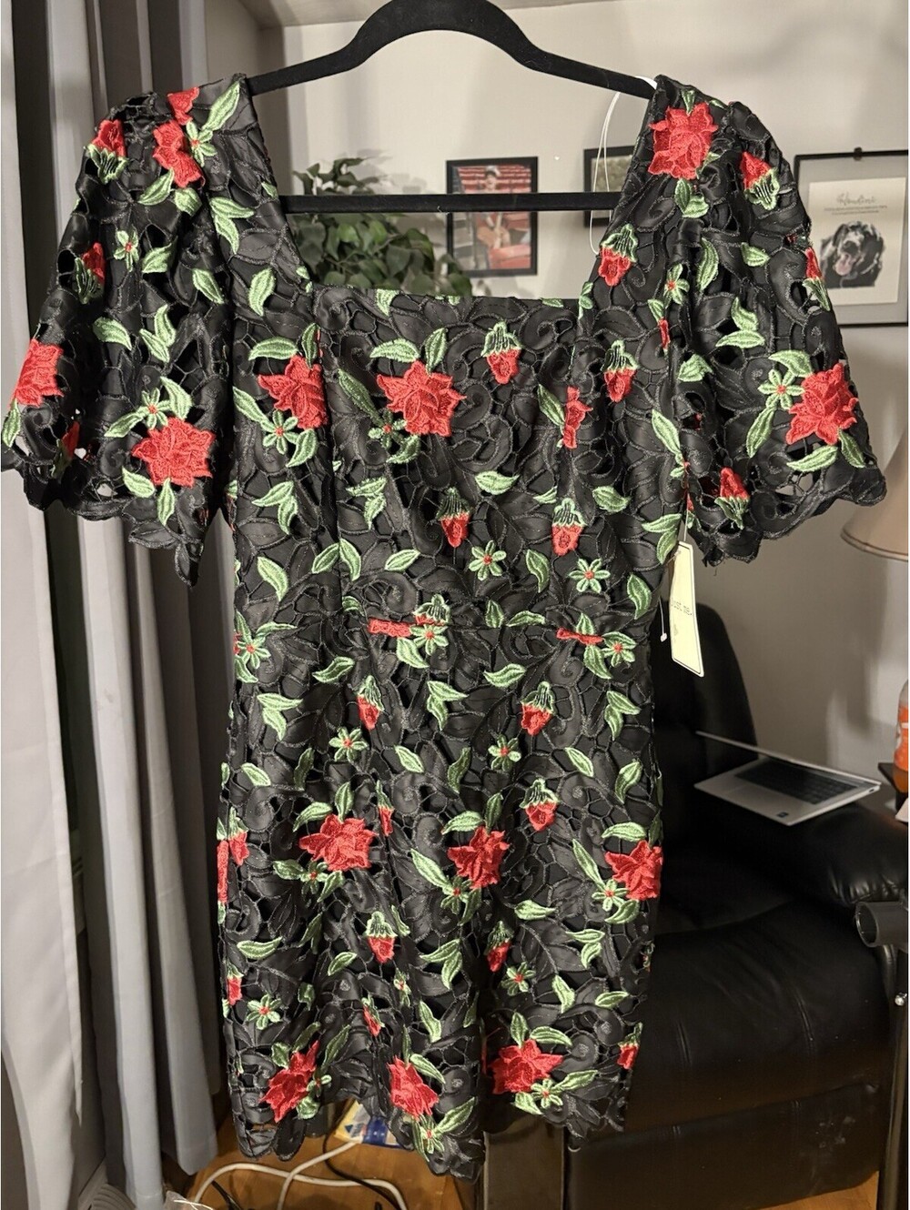 Just me floral embroidered lace square neck flair sleeve scallop Hem Mini Dress
